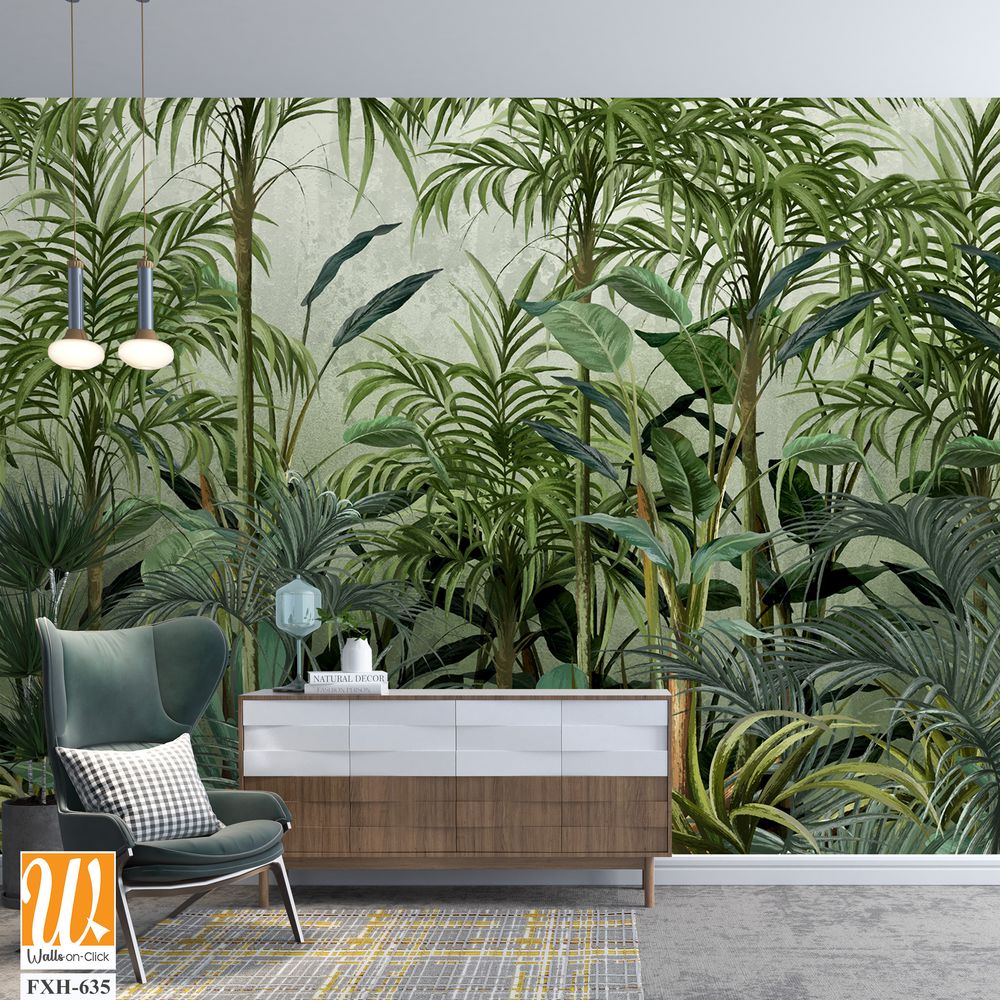 Ainted plants, tropical plants and trees, art drawings on a textured background, photo wallpapers for the interior come to life on canvas. [WP-FXH-635]