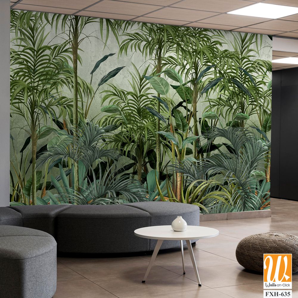 Ainted plants, tropical plants and trees, art drawings on a textured background, photo wallpapers for the interior come to life on canvas. [WP-FXH-635]