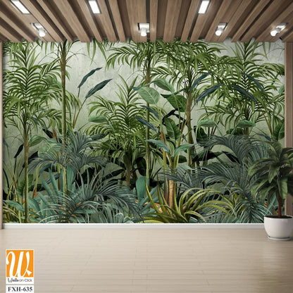 Ainted plants, tropical plants and trees, art drawings on a textured background, photo wallpapers for the interior come to life on canvas. [WP-FXH-635]