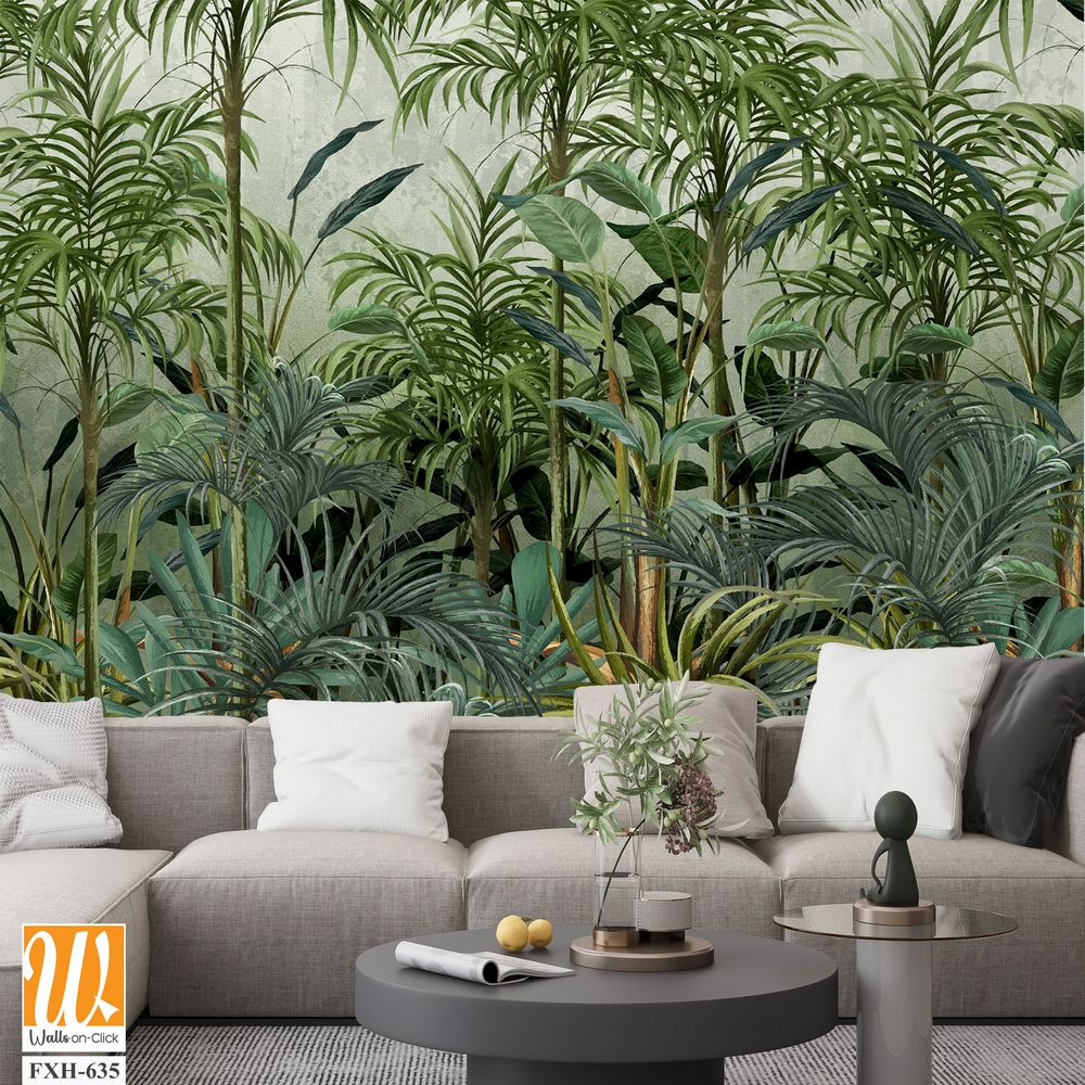 Ainted plants, tropical plants and trees, art drawings on a textured background, photo wallpapers for the interior come to life on canvas. [WP-FXH-635]