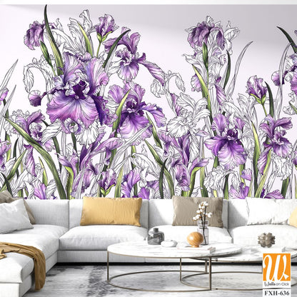 Drawn contour irises in a watercolor style on a plain background, art drawing in pink tones, photo wallpaper. [WP-FXH-636]