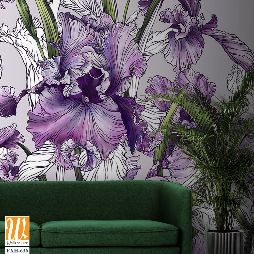 Drawn contour irises in a watercolor style on a plain background, art drawing in pink tones, photo wallpaper. [WP-FXH-636]