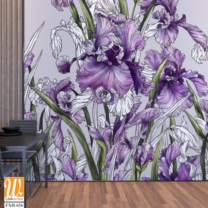 Drawn contour irises in a watercolor style on a plain background, art drawing in pink tones, photo wallpaper. [WP-FXH-636]