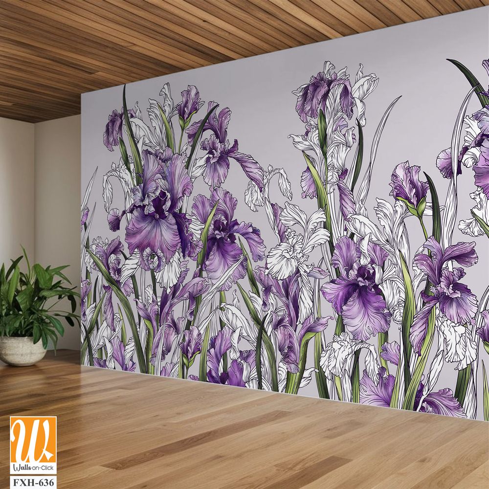 Drawn contour irises in a watercolor style on a plain background, art drawing in pink tones, photo wallpaper. [WP-FXH-636]