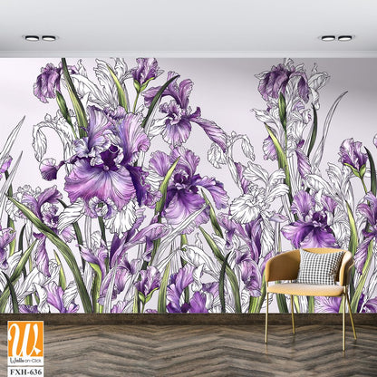 Drawn contour irises in a watercolor style on a plain background, art drawing in pink tones, photo wallpaper. [WP-FXH-636]