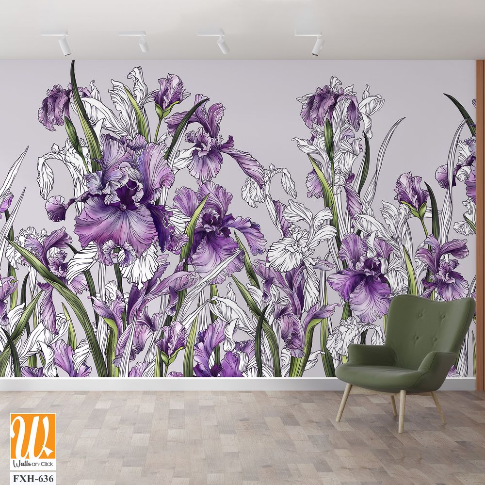 Drawn contour irises in a watercolor style on a plain background, art drawing in pink tones, photo wallpaper. [WP-FXH-636]