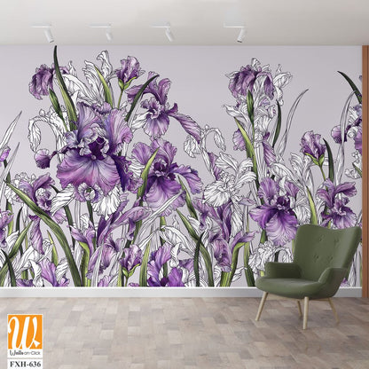 Drawn contour irises in a watercolor style on a plain background, art drawing in pink tones, photo wallpaper. [WP-FXH-636]