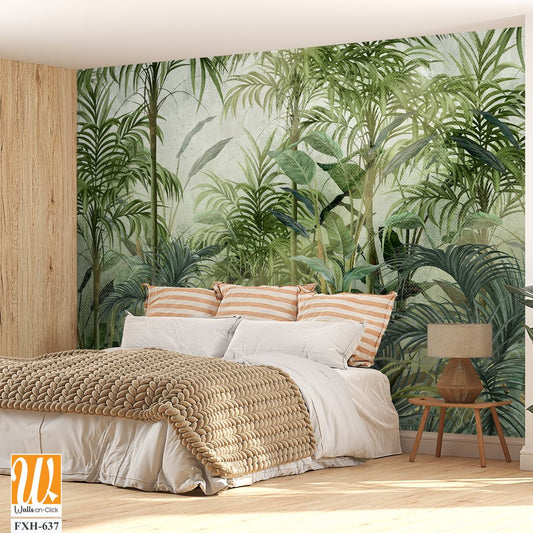 A whole world created by the artists brush, which combines fiction and colorful reality. Bright green tropic, art pattern on a textured background, photo wallpaper for the interior. [WP-FXH-637]