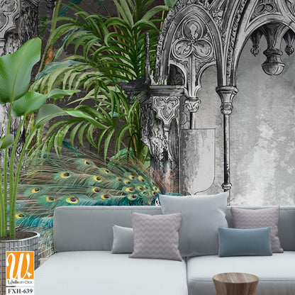 Art picture, drawing of an arch in tropical leaves, a peacock sitting on this background, drawing on a textured background, photo wallpaper for the interior [WP-FXH-639]