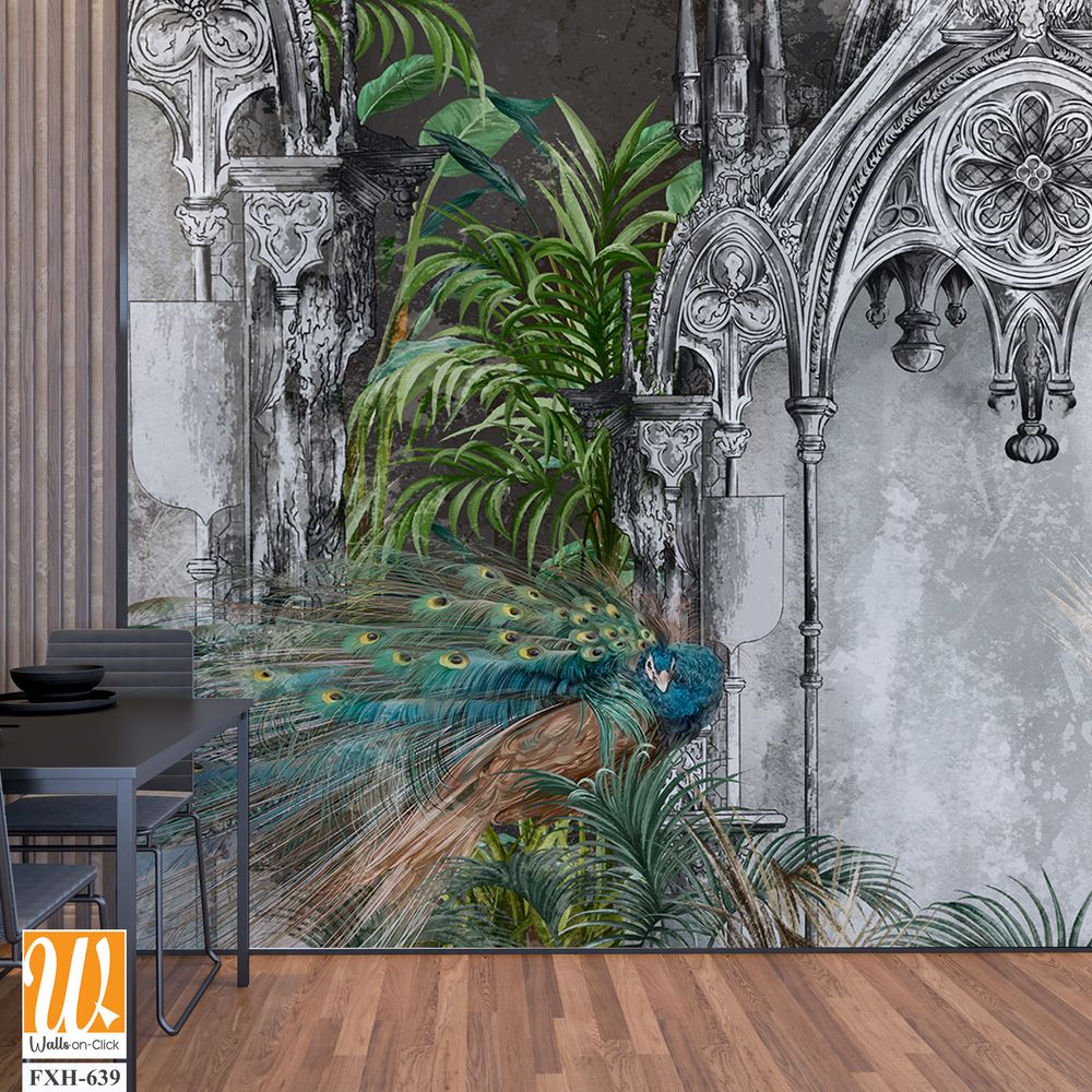 Art picture, drawing of an arch in tropical leaves, a peacock sitting on this background, drawing on a textured background, photo wallpaper for the interior [WP-FXH-639]