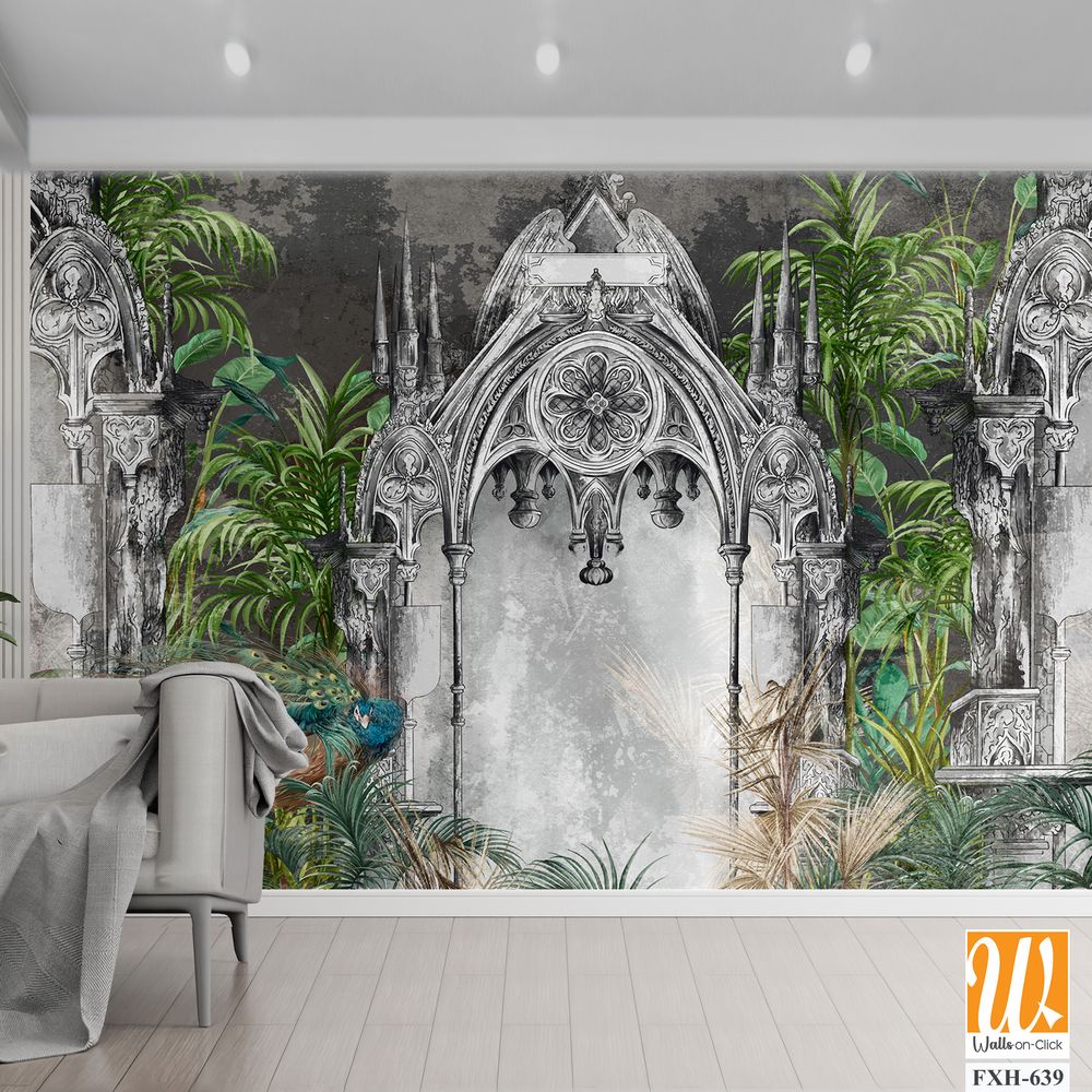 Art picture, drawing of an arch in tropical leaves, a peacock sitting on this background, drawing on a textured background, photo wallpaper for the interior [WP-FXH-639]