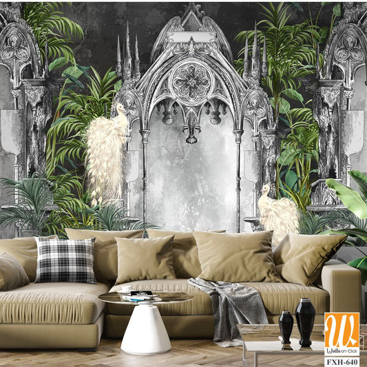 Wallpaper depicting white peacocks against a background of gray Gothic arches in tropical plants on a textured background, art drawing, photo wallpaper for the interior. [WP-FXH-640]