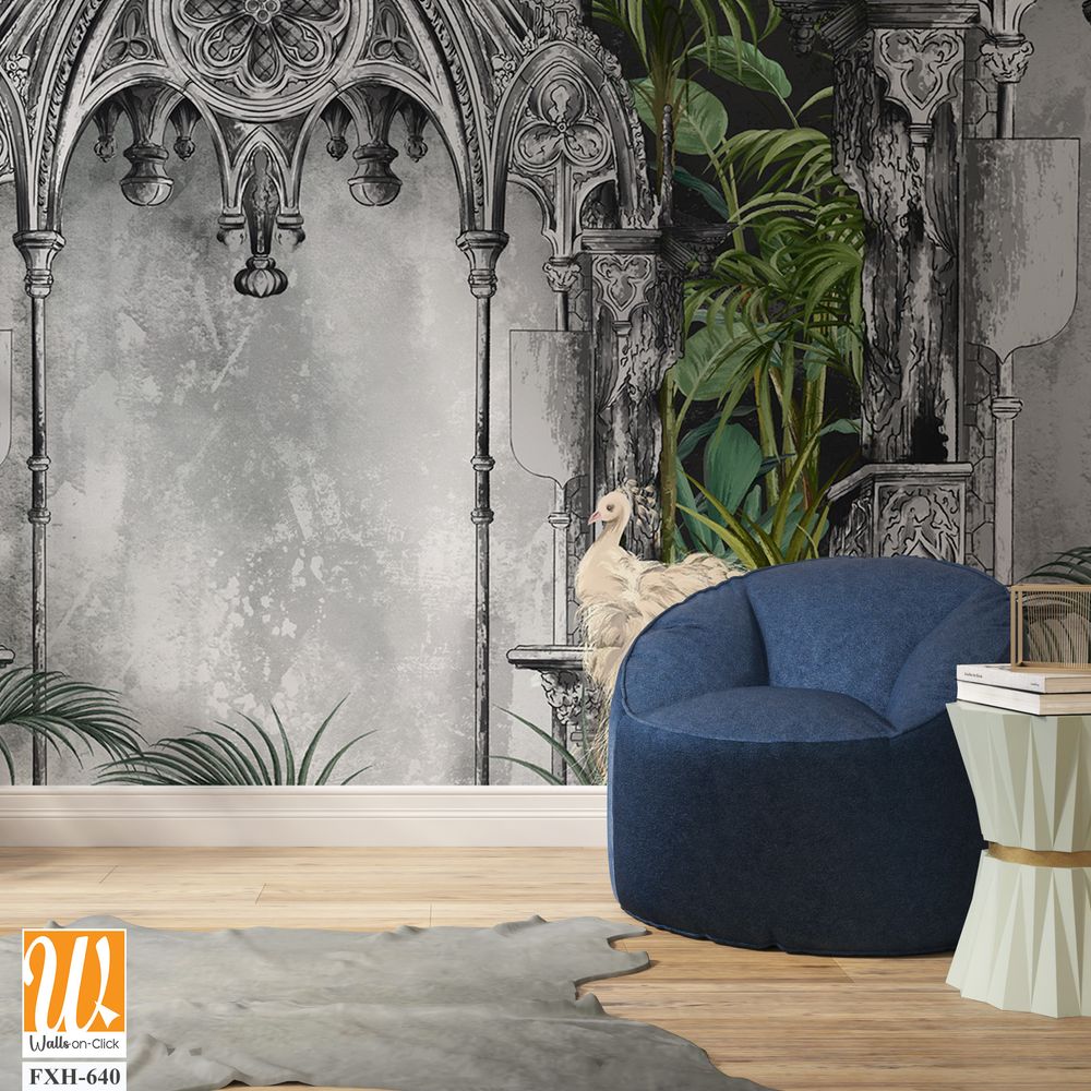 Wallpaper depicting white peacocks against a background of gray Gothic arches in tropical plants on a textured background, art drawing, photo wallpaper for the interior. [WP-FXH-640]