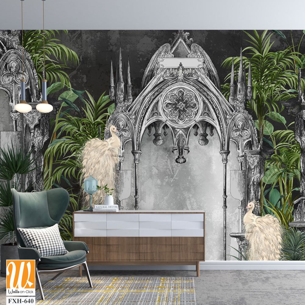 Wallpaper depicting white peacocks against a background of gray Gothic arches in tropical plants on a textured background, art drawing, photo wallpaper for the interior. [WP-FXH-640]