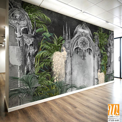 Wallpaper depicting white peacocks against a background of gray Gothic arches in tropical plants on a textured background, art drawing, photo wallpaper for the interior. [WP-FXH-640]