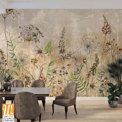 Art drawn dried flowers on a textured background, pattern in beige tones, wallpaper in vintage style. [WP-FXH-641]