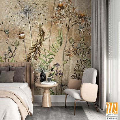 Art drawn dried flowers on a textured background, pattern in beige tones, wallpaper in vintage style. [WP-FXH-641]