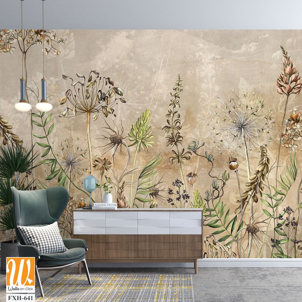 Art drawn dried flowers on a textured background, pattern in beige tones, wallpaper in vintage style. [WP-FXH-641]