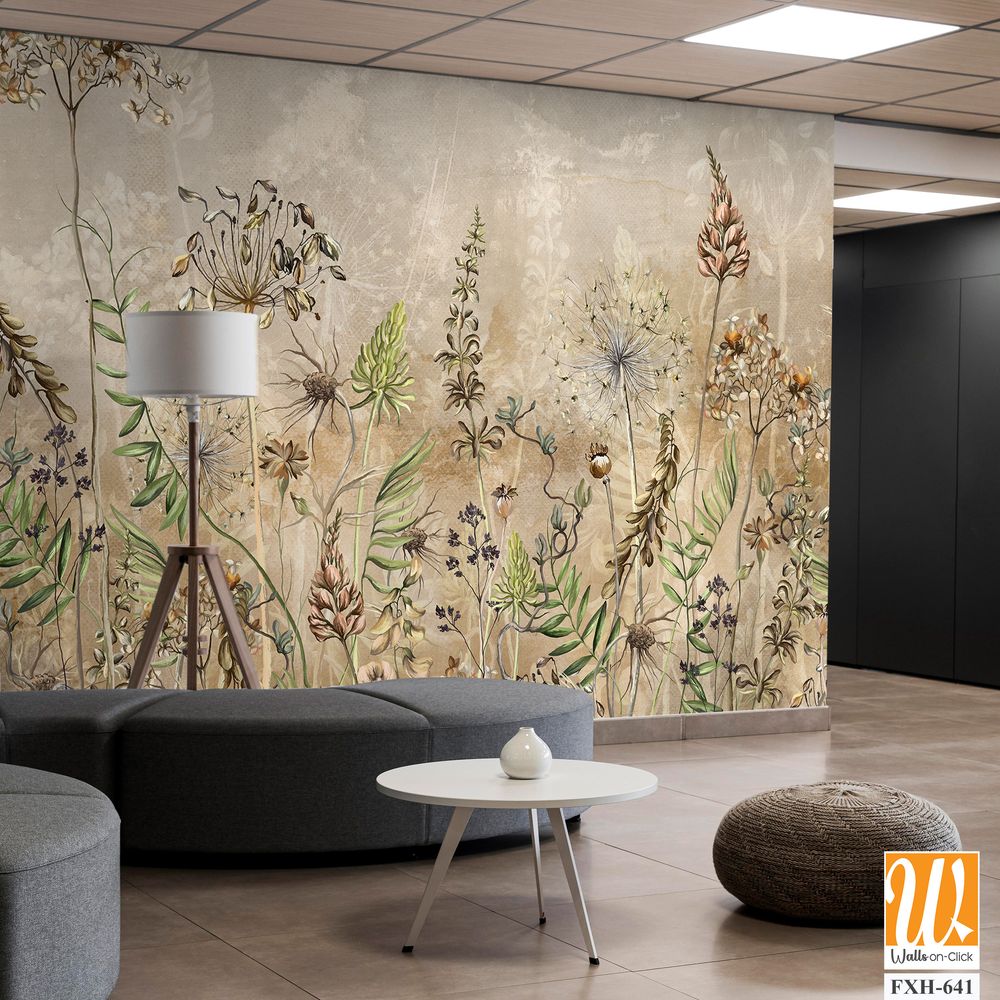 Art drawn dried flowers on a textured background, pattern in beige tones, wallpaper in vintage style. [WP-FXH-641]