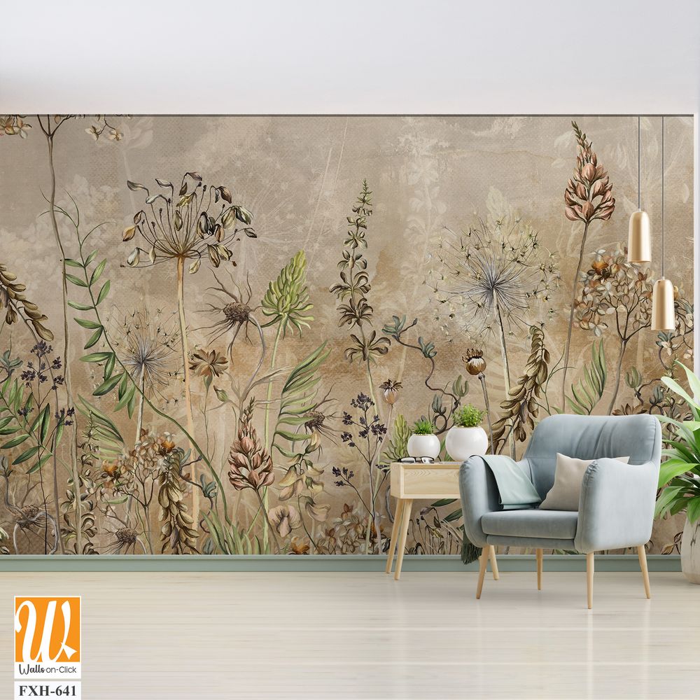 Art drawn dried flowers on a textured background, pattern in beige tones, wallpaper in vintage style. [WP-FXH-641]