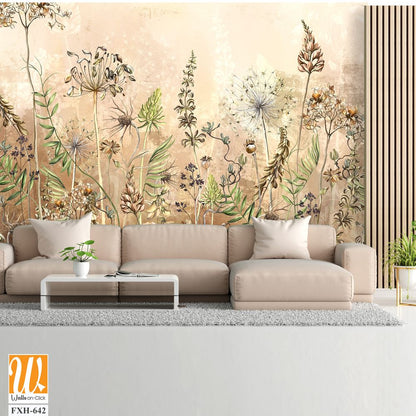 Textured watercolor background depicting pastel flowers, dried flowers, art drawing in beige tones. Photo wallpaper for the interior [WP-FXH-642]