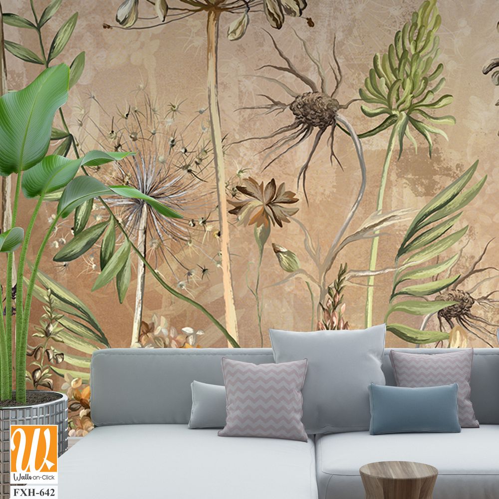 Textured watercolor background depicting pastel flowers, dried flowers, art drawing in beige tones. Photo wallpaper for the interior [WP-FXH-642]