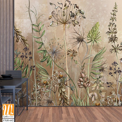 Textured watercolor background depicting pastel flowers, dried flowers, art drawing in beige tones. Photo wallpaper for the interior [WP-FXH-642]