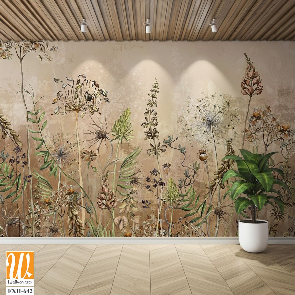 Textured watercolor background depicting pastel flowers, dried flowers, art drawing in beige tones. Photo wallpaper for the interior [WP-FXH-642]