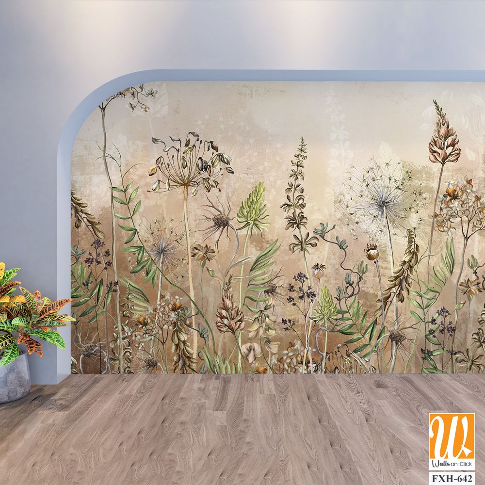 Textured watercolor background depicting pastel flowers, dried flowers, art drawing in beige tones. Photo wallpaper for the interior [WP-FXH-642]