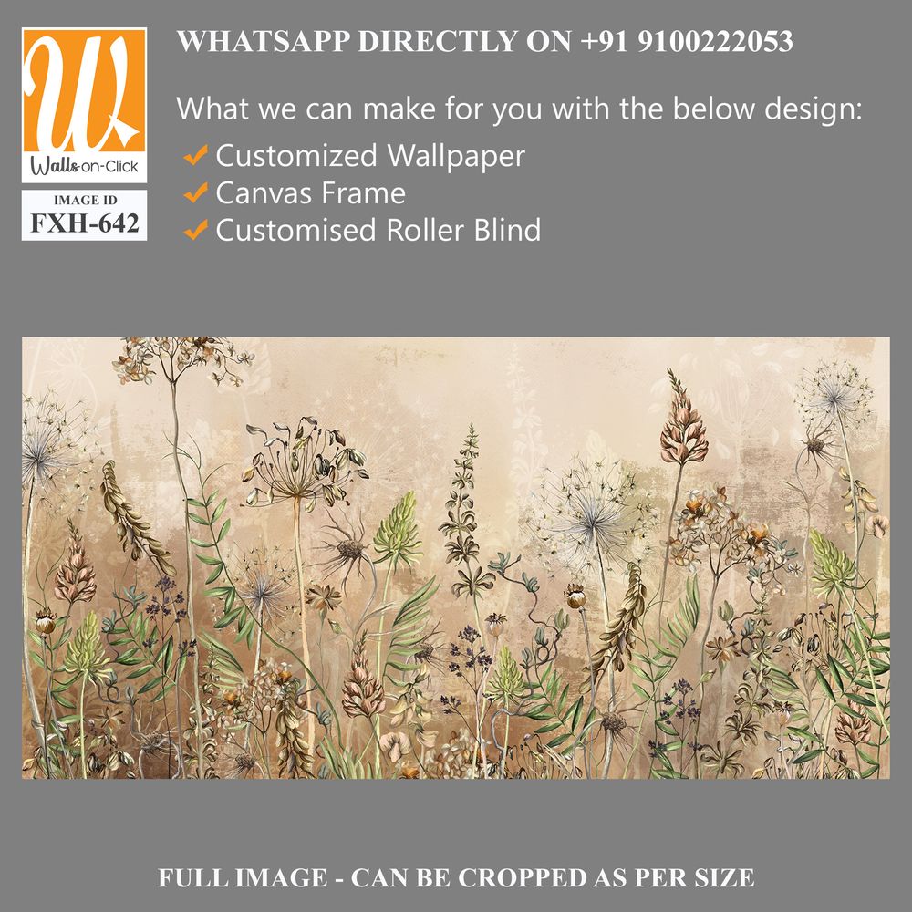 Textured watercolor background depicting pastel flowers, dried flowers, art drawing in beige tones. Photo wallpaper for the interior [WP-FXH-642]