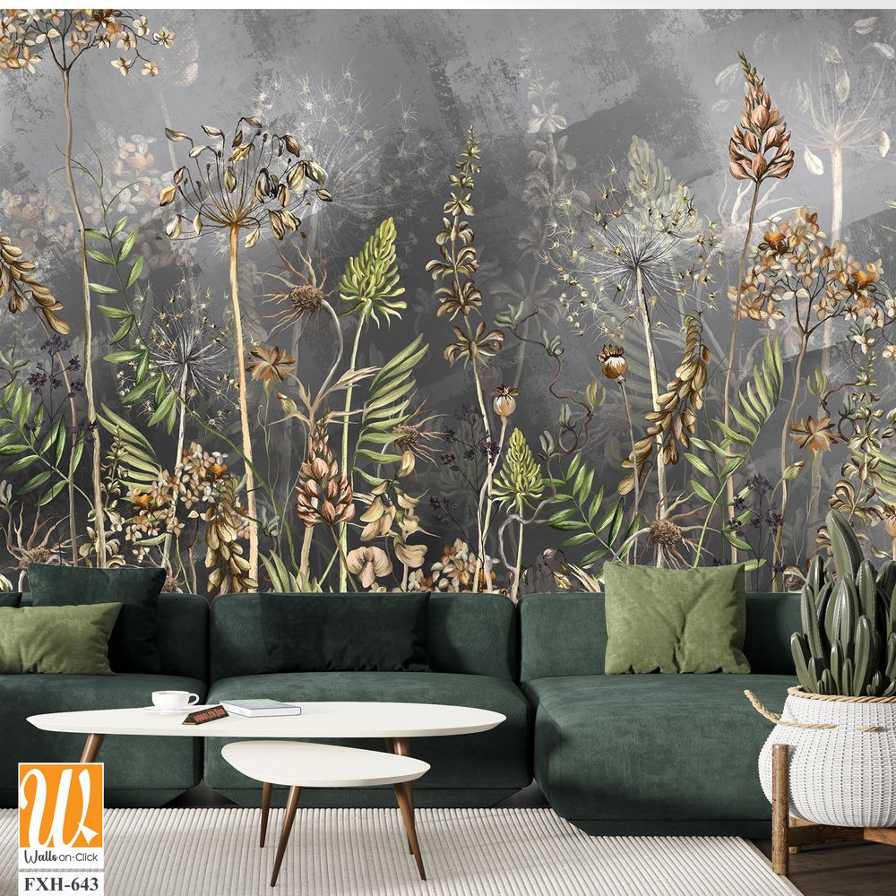 Art drawn dried flowers on a dark textured background, pattern in dark gray and beige tones, wallpaper for the interior [WP-FXH-643]