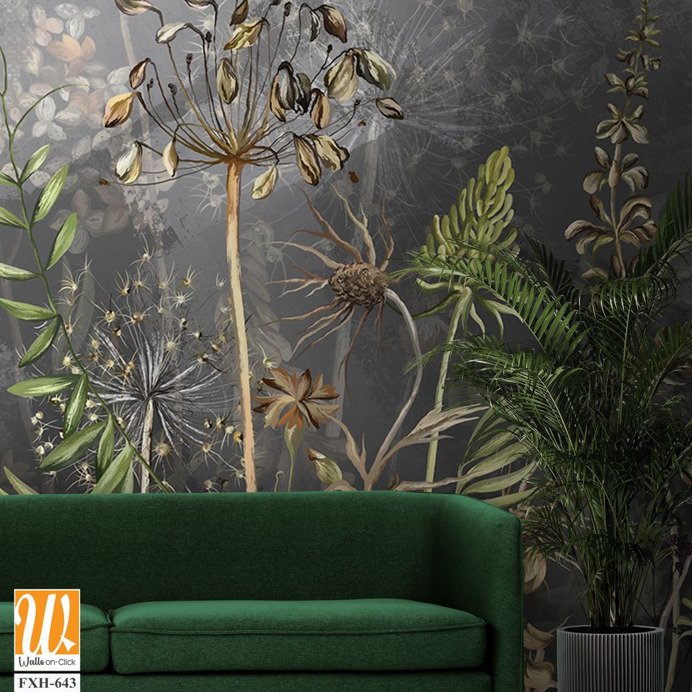 Art drawn dried flowers on a dark textured background, pattern in dark gray and beige tones, wallpaper for the interior [WP-FXH-643]