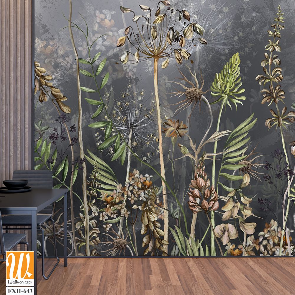 Art drawn dried flowers on a dark textured background, pattern in dark gray and beige tones, wallpaper for the interior [WP-FXH-643]