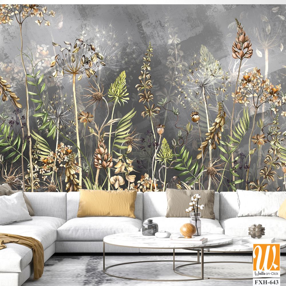 Art drawn dried flowers on a dark textured background, pattern in dark gray and beige tones, wallpaper for the interior [WP-FXH-643]