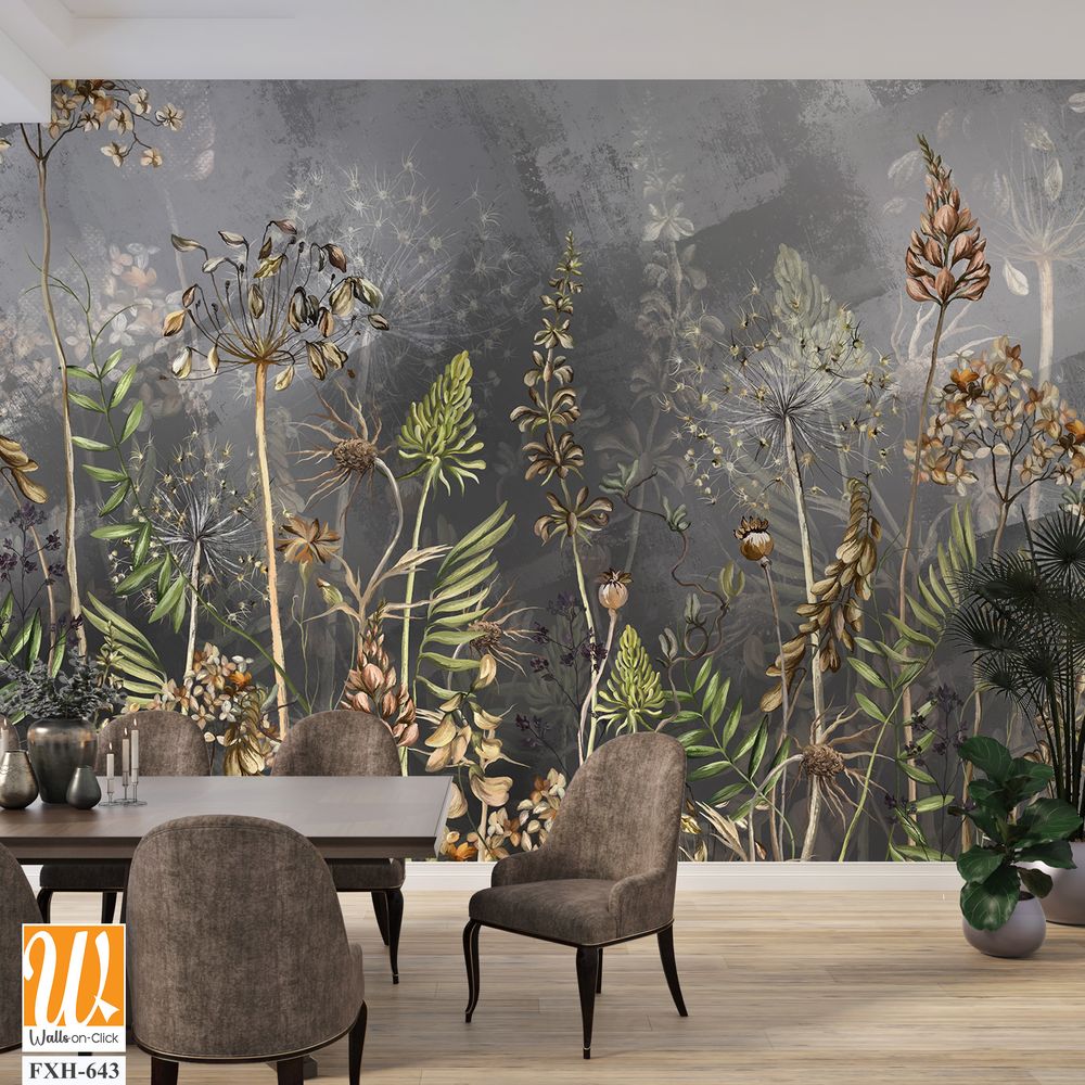 Art drawn dried flowers on a dark textured background, pattern in dark gray and beige tones, wallpaper for the interior [WP-FXH-643]