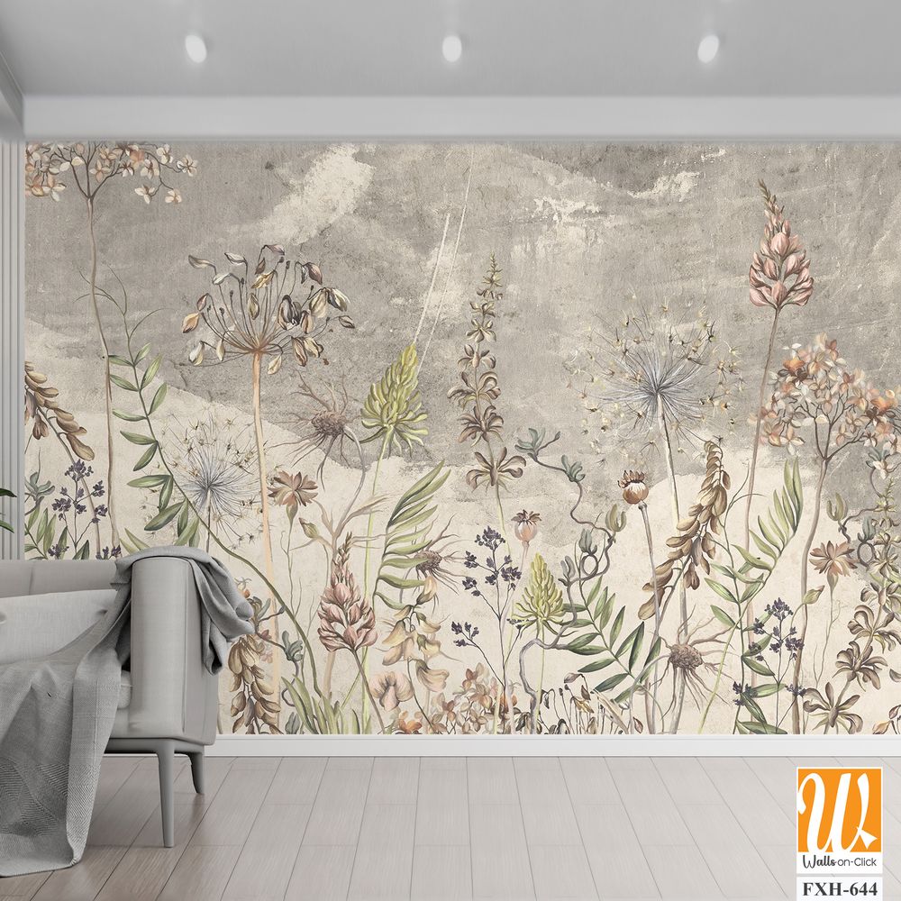 Art drawing in vintage style in light beige tones, wallpaper on which dried flowers are depicted, texture background. [WP-FXH-644]