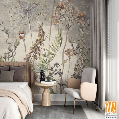 Art drawing in vintage style in light beige tones, wallpaper on which dried flowers are depicted, texture background. [WP-FXH-644]