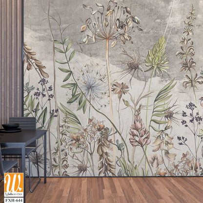 Art drawing in vintage style in light beige tones, wallpaper on which dried flowers are depicted, texture background. [WP-FXH-644]