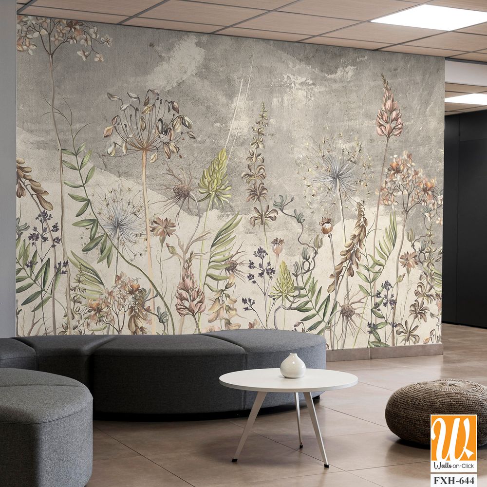 Art drawing in vintage style in light beige tones, wallpaper on which dried flowers are depicted, texture background. [WP-FXH-644]