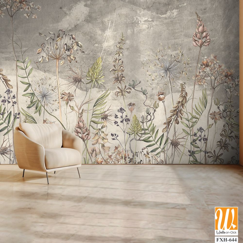 Art drawing in vintage style in light beige tones, wallpaper on which dried flowers are depicted, texture background. [WP-FXH-644]