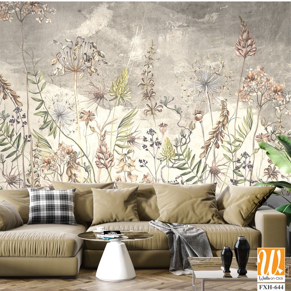 Art drawing in vintage style in light beige tones, wallpaper on which dried flowers are depicted, texture background. [WP-FXH-644]