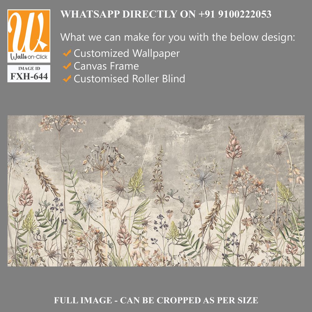 Art drawing in vintage style in light beige tones, wallpaper on which dried flowers are depicted, texture background. [WP-FXH-644]