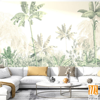 Tropical trees and leaves, oil painting effect, wallpaper design [WP-FXH-646]