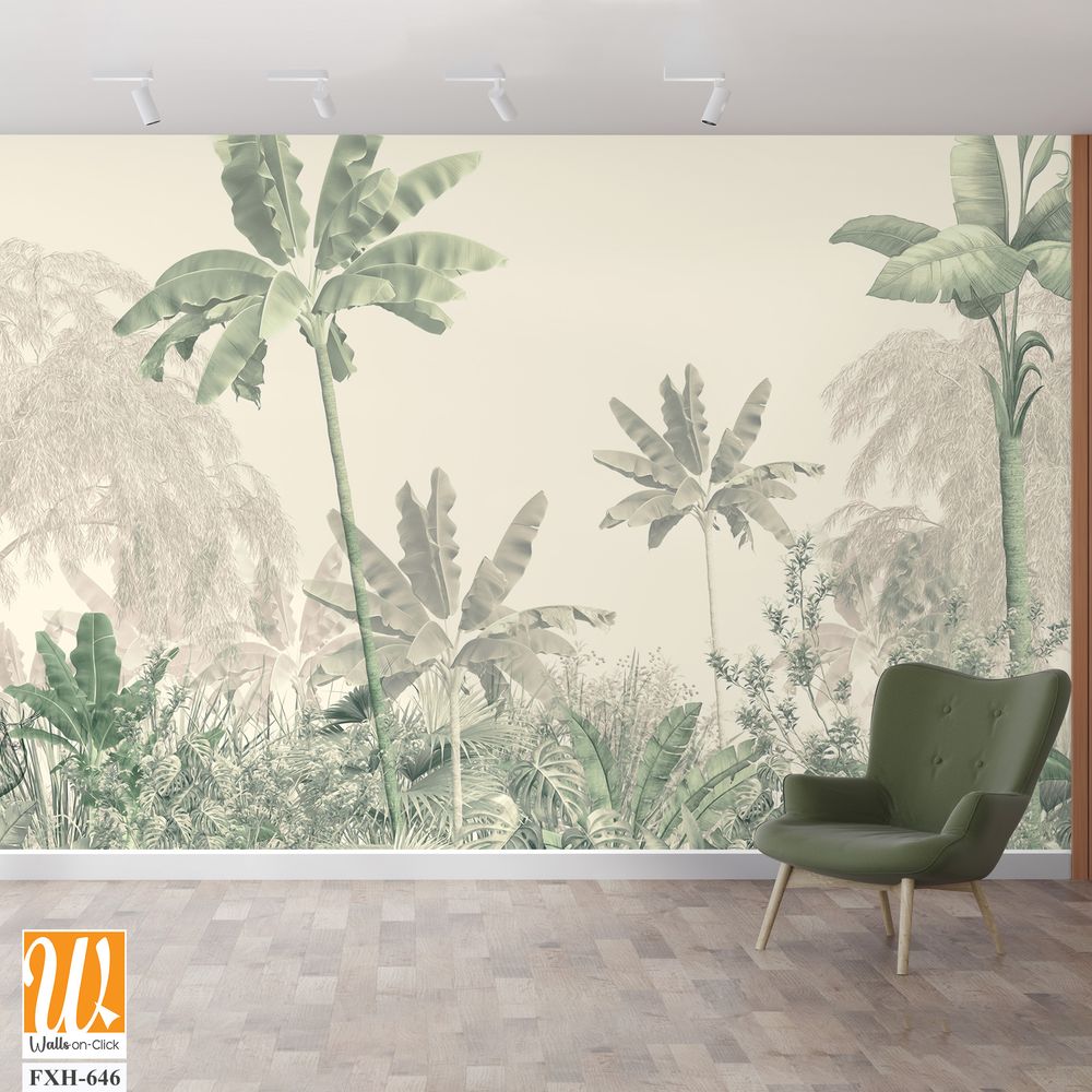 Tropical trees and leaves, oil painting effect, wallpaper design [WP-FXH-646]