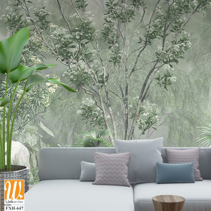 Tropical trees and leaves, oil painting effect, wallpaper design [WP-FXH-647]