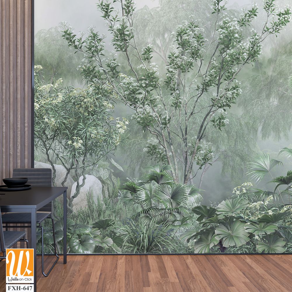 Tropical trees and leaves, oil painting effect, wallpaper design [WP-FXH-647]