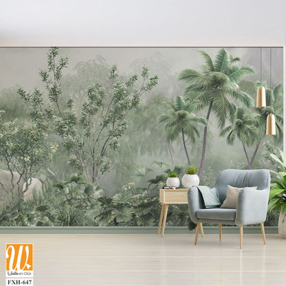 Tropical trees and leaves, oil painting effect, wallpaper design [WP-FXH-647]