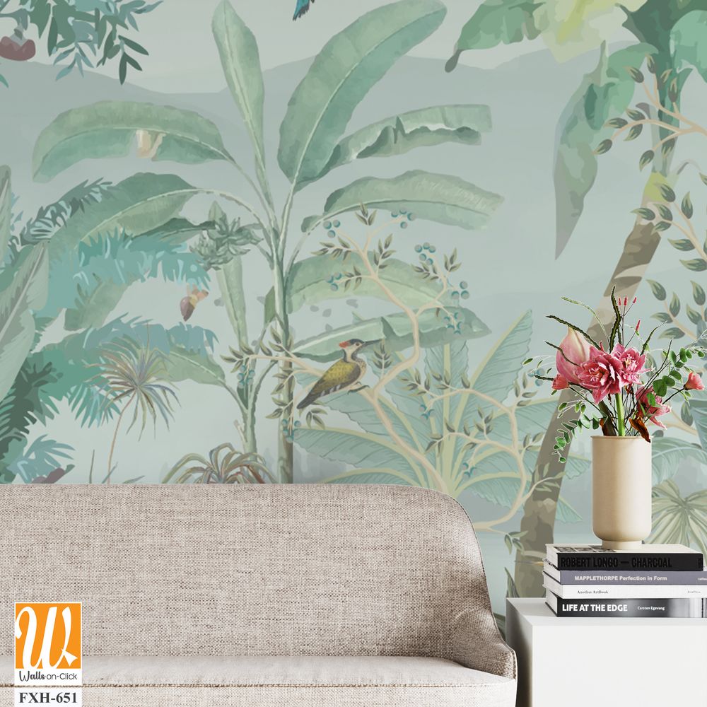 Wallpaper, Watercolor Mural,Wall Painting,Watercolor Background, Peacock, birds. [WP-FXH-651]