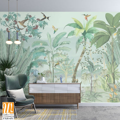 Wallpaper, Watercolor Mural,Wall Painting,Watercolor Background, Peacock, birds. [WP-FXH-651]