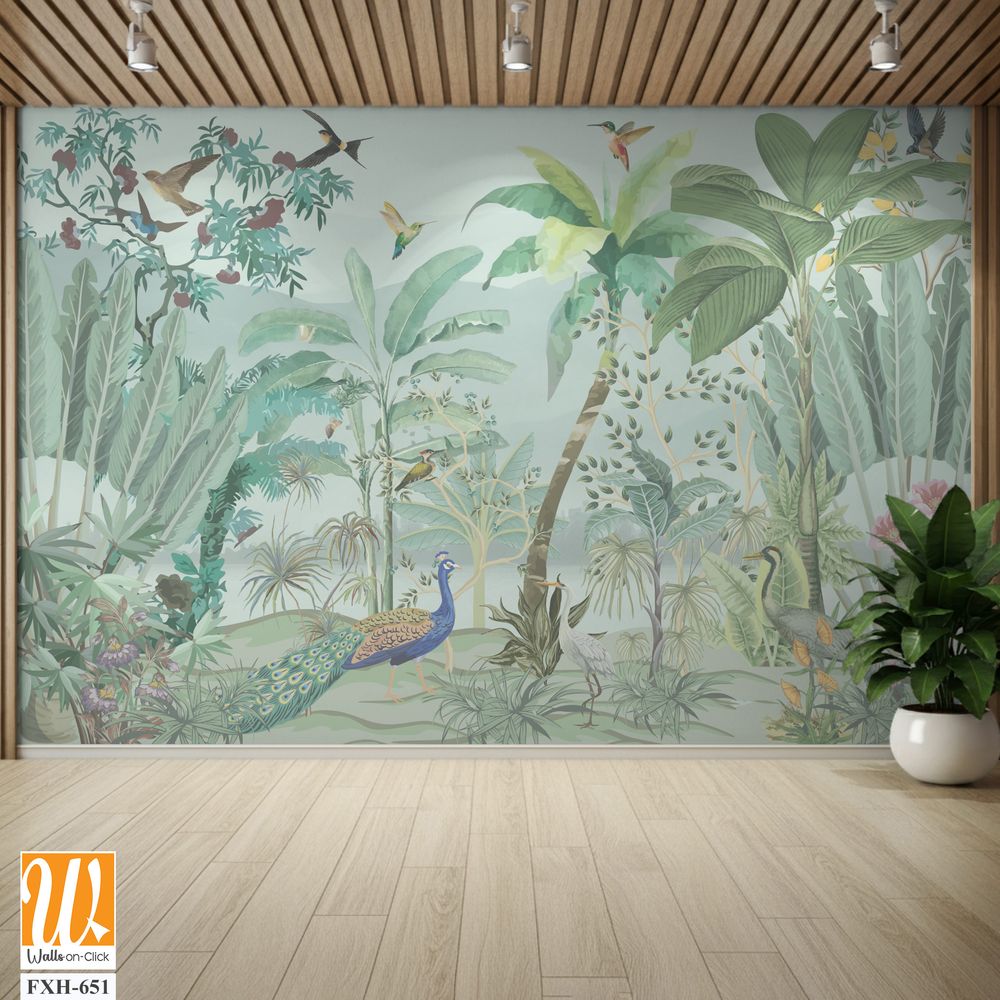 Wallpaper, Watercolor Mural,Wall Painting,Watercolor Background, Peacock, birds. [WP-FXH-651]